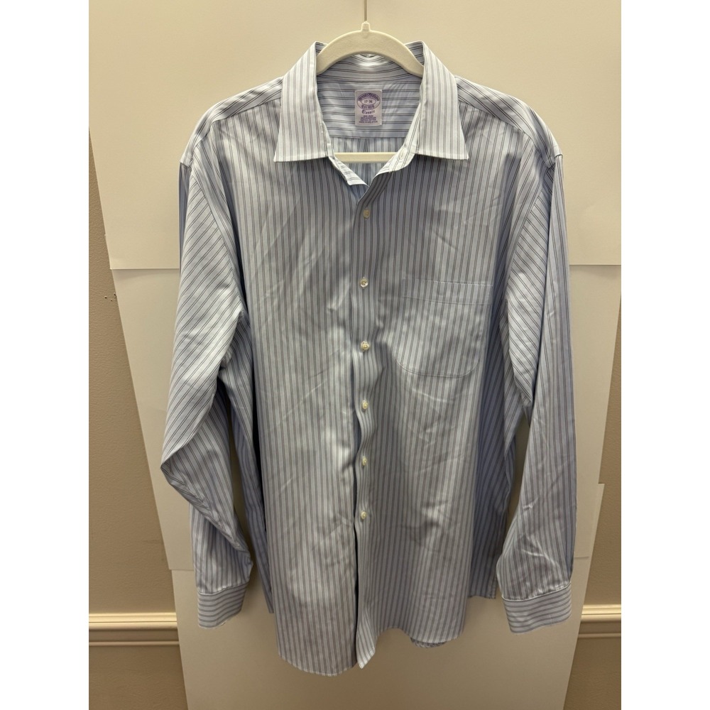 Brooks Brothers Men Blue White Stripe Non-Iron Dress Shirt 17-36 Classic Fit